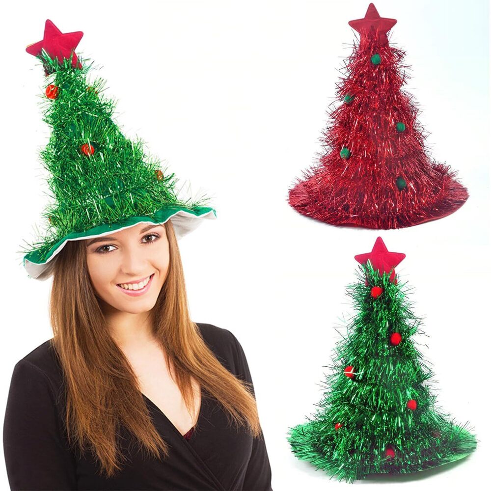 1131 2 PCS Christmas Santa Hats Christmas Tree Hats Tinsel Xmas Tree Hat